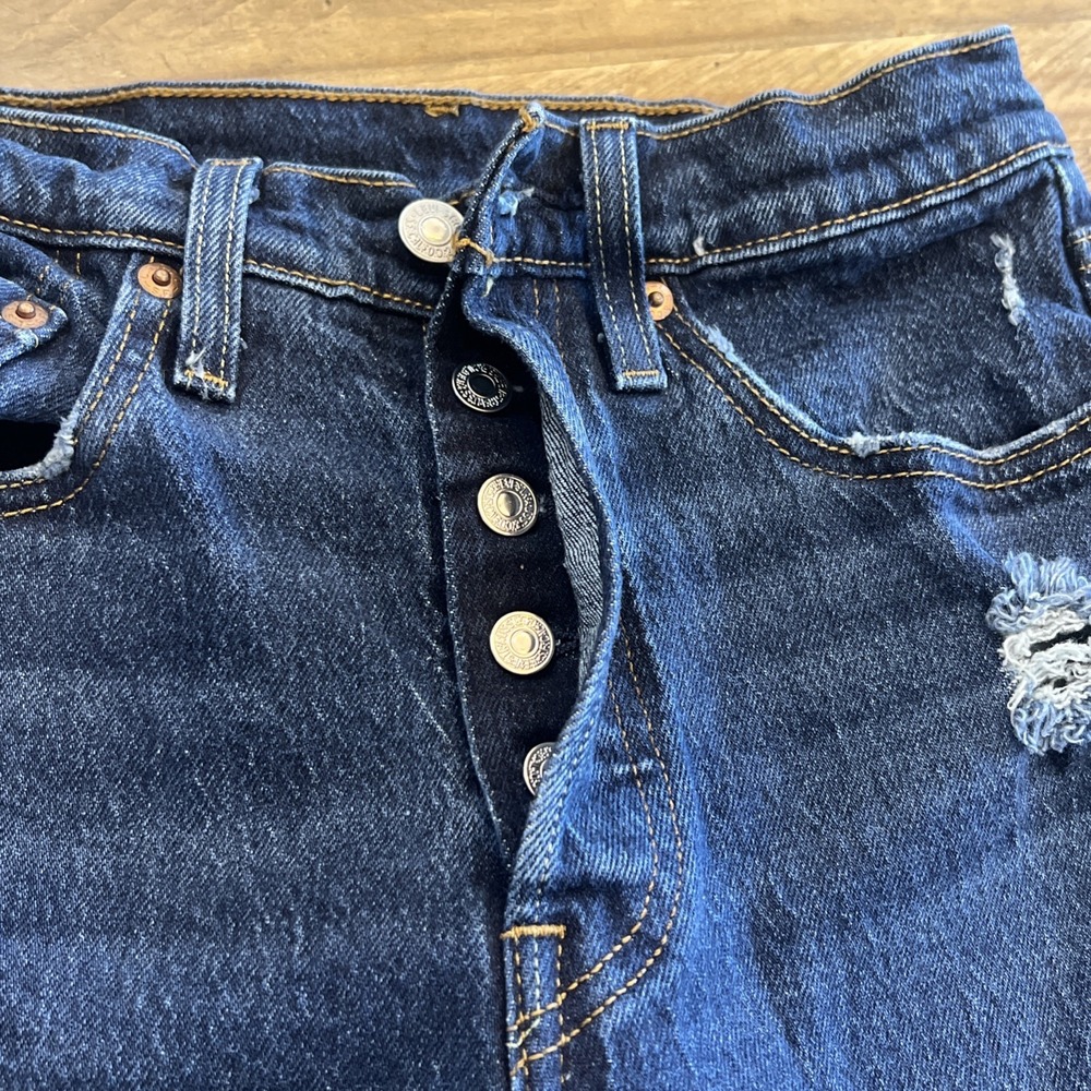 Levi's 501 S Button Fly Skinny Jeans Womens 24x30 High Rise Distressed Dark Wash - Picture 10 of 15
